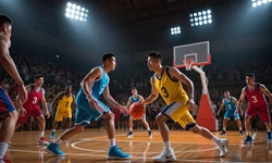 Aposta em basquete com bola e aro em quadra iluminada